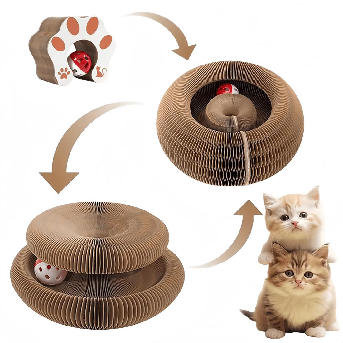 Foldable Cat Scratcher with Bell &amp; Catnip - Multi-Level Cardboard Toy for Kittens, Durable Claw Sharpener